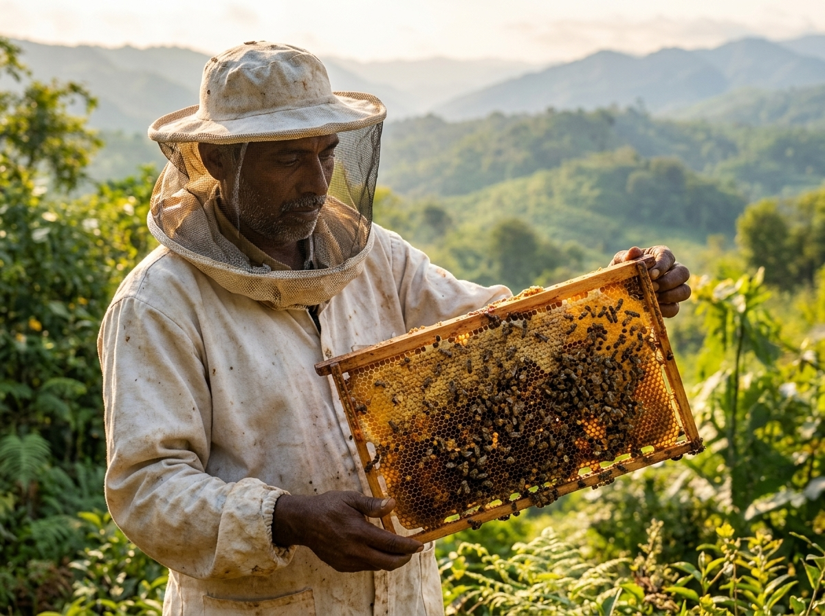 Beekeeper in protective hat inspecting natural honeycomb frame among the hills