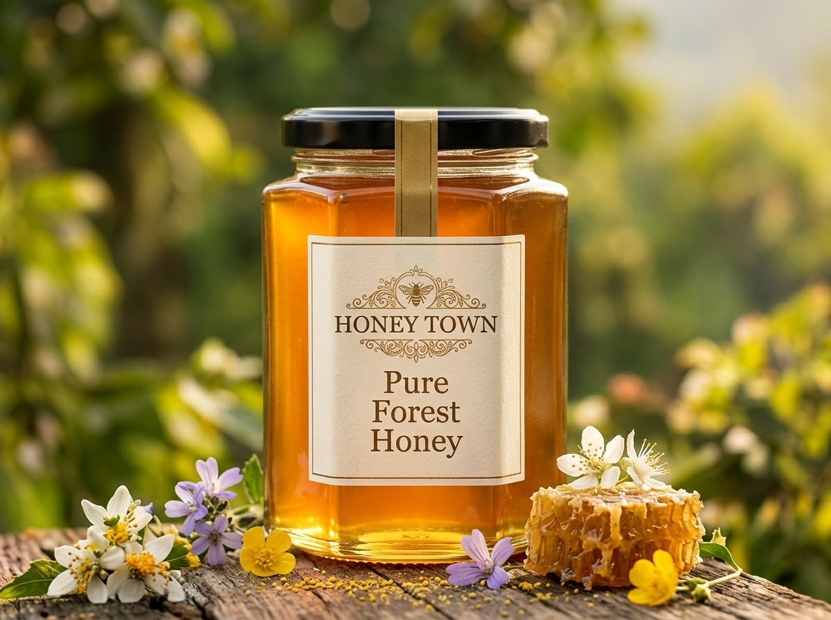 Honey Town Forest Honey jar with rich honeycomb and flowers