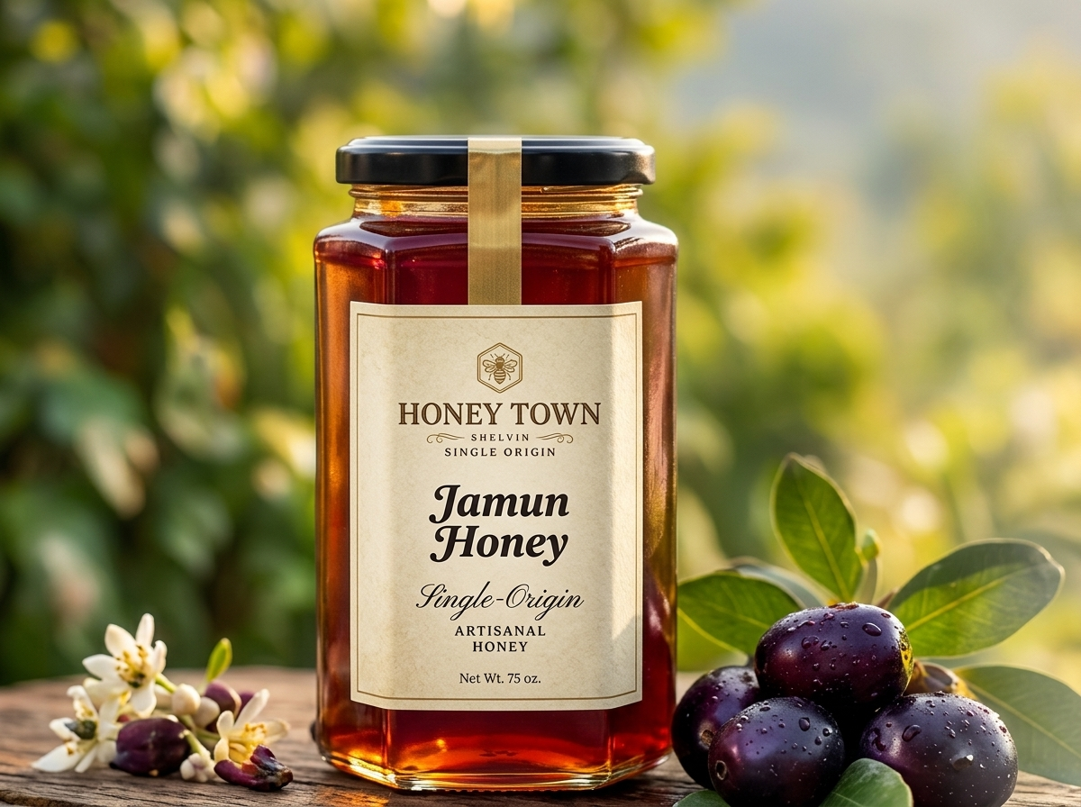 Honey Town Jamun Honey jar with fresh purple jamun berries