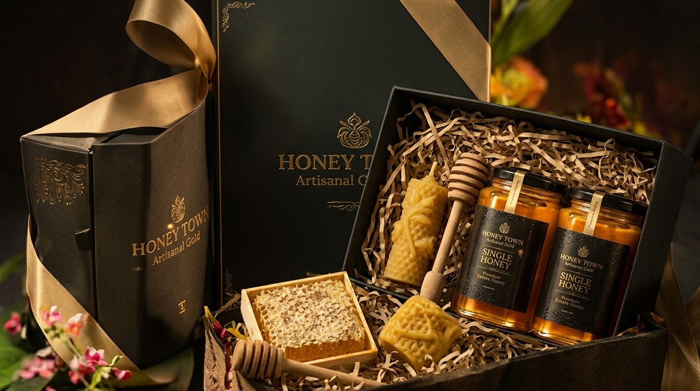 Honey Town Luxury Gift Hampers with gold embossed presentation box and honey jars