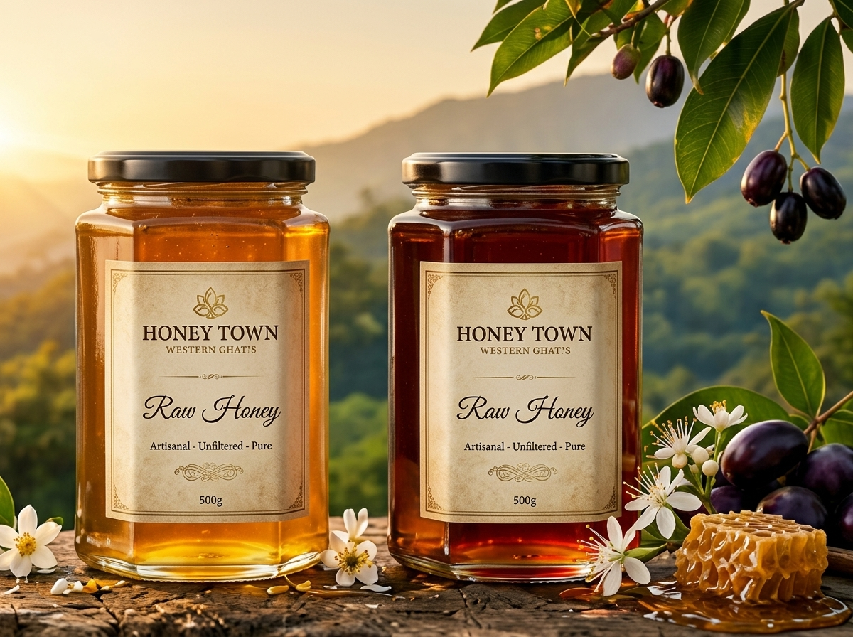 Honey Town Forest Honey and Jamun Honey jars on rustic wood with honeycomb and white floral blossoms